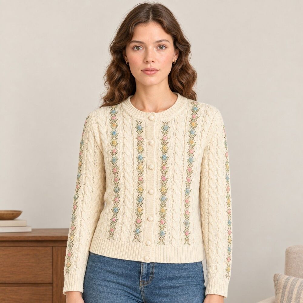 Vintage Wool Cable Knit Cardigan Floral Embroidered Cream Button Front Sz S Twee